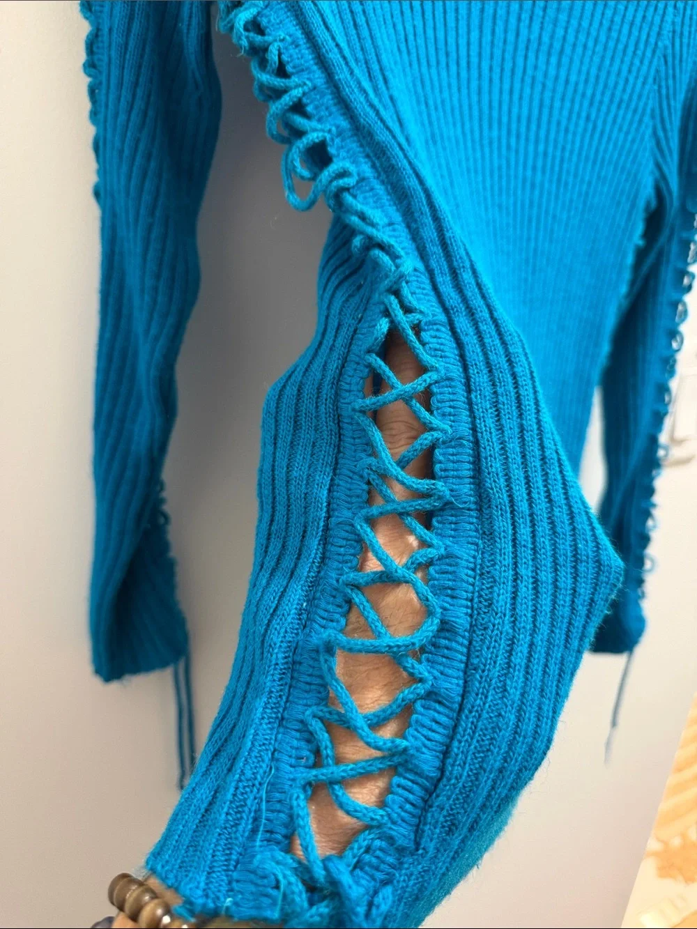 Vintage 59-70s Teal Blue Ribbed Knit Sweater - Picture 3 of 9